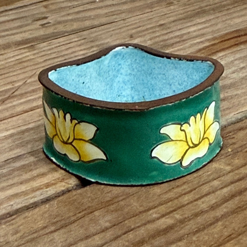 Vintage Chinese Cloisonne Friendship Trinket Dish Copper Lotus Flower Fan Shape